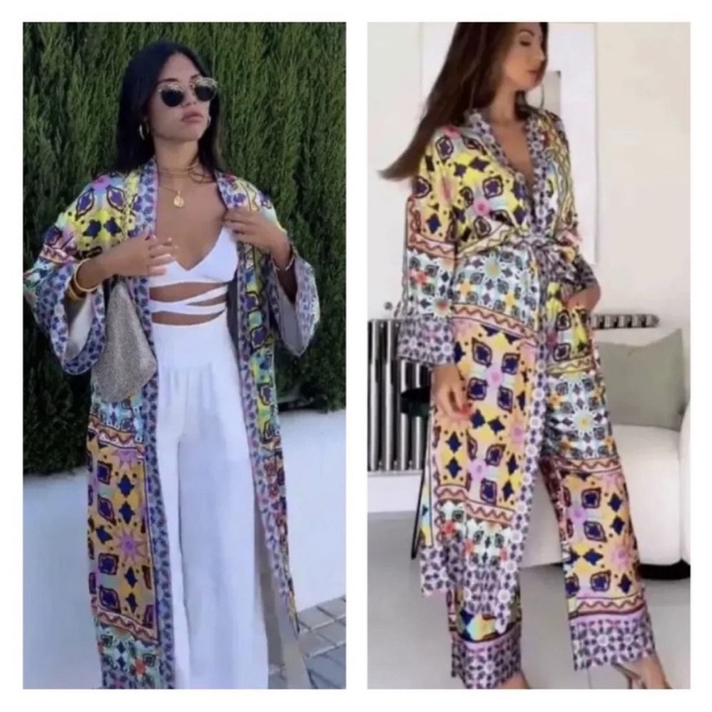 New ZARA satin kimono robe multicolor - Picture 5 of 17